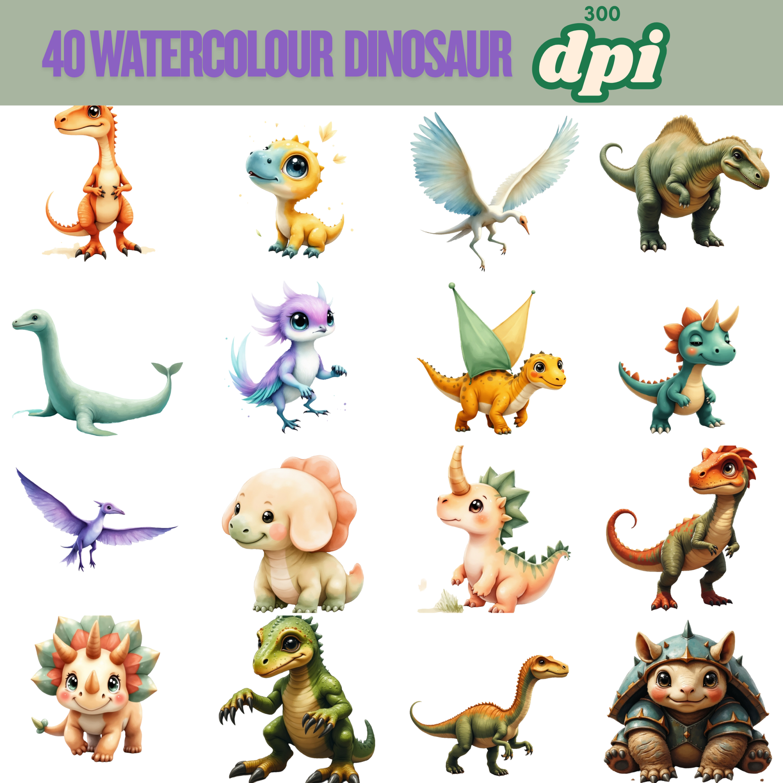 50 Watercolor Dinosaur Clipart PNG – Cute Baby Dinosaur Graphics for Nursery, Baby Shower & Birthday - Image 15